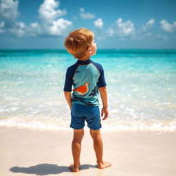 A young boy standing on the sandy shore of a tropical beach, gazing out at the horizon with a sense of wonder and freedom