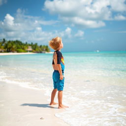 A young boy standing on the sandy shore of a tropical beach, gazing out at the horizon with a sense of wonder and freedom