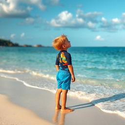 A young boy standing on the sandy shore of a tropical beach, gazing out at the horizon with a sense of wonder and freedom