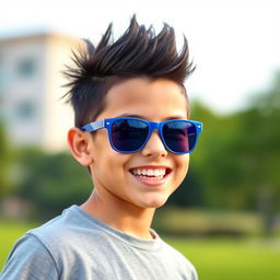 An energetic teenage boy with a stylish black mohawk haircut, wearing trendy blue sunglasses