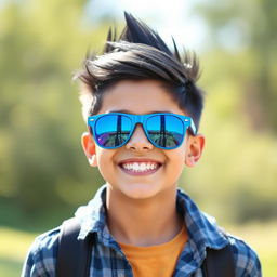 An energetic teenage boy with a stylish black mohawk haircut, wearing trendy blue sunglasses