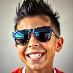 An energetic teenage boy with a stylish black mohawk haircut, wearing trendy blue sunglasses