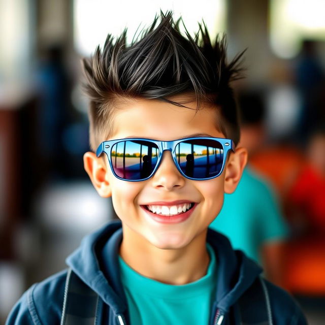 An energetic teenage boy with a stylish black mohawk haircut, wearing trendy blue sunglasses