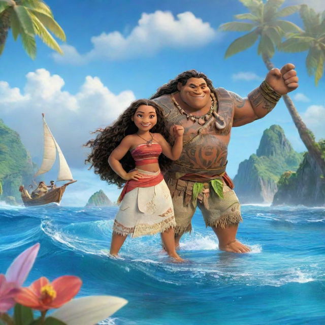 A lively and colourful scene from the animated Moana movie, showcasing the main characters, Moana and Maui, on their oceanic journey with tropical scenery in the background.