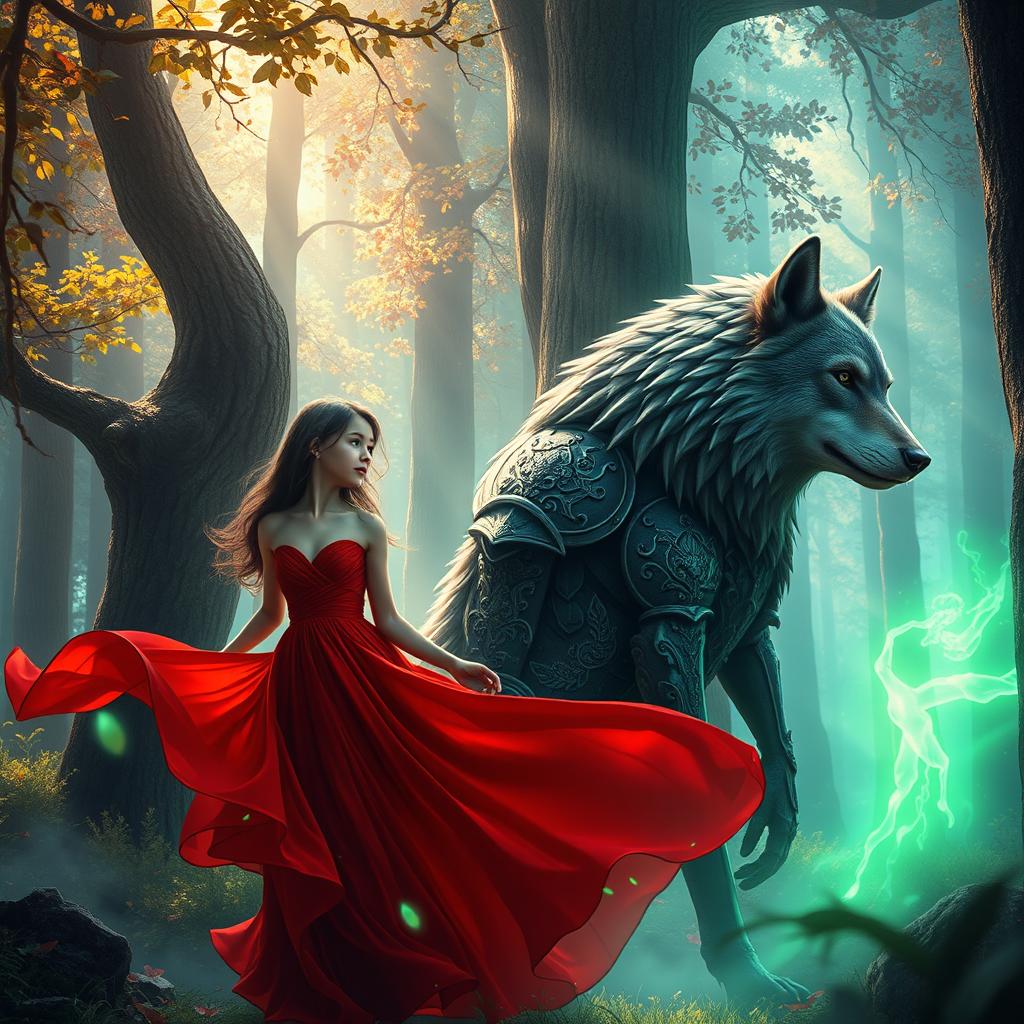 A stunning artistic representation in a lush, mystical forest setting featuring a girl wearing an elegant red dress flowing gracefully