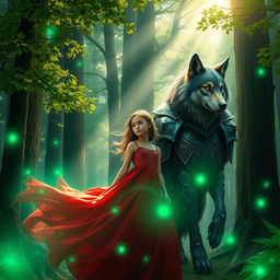 A stunning artistic representation in a lush, mystical forest setting featuring a girl wearing an elegant red dress flowing gracefully