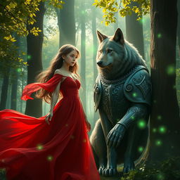 A stunning artistic representation in a lush, mystical forest setting featuring a girl wearing an elegant red dress flowing gracefully