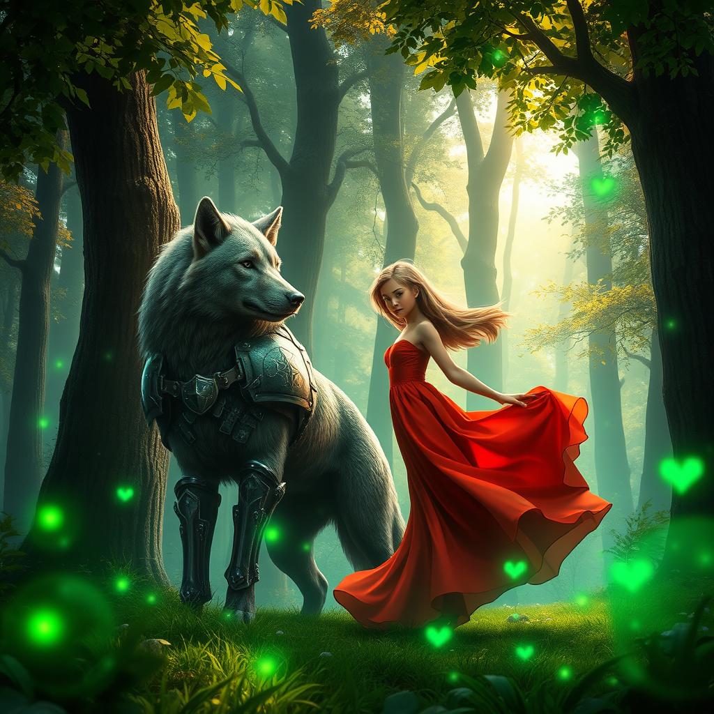 A stunning artistic representation in a lush, mystical forest setting featuring a girl wearing an elegant red dress flowing gracefully