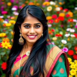 A portrait of a cute Indian woman with long black hair, wearing a vibrant traditional saree