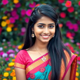 A portrait of a cute Indian woman with long black hair, wearing a vibrant traditional saree