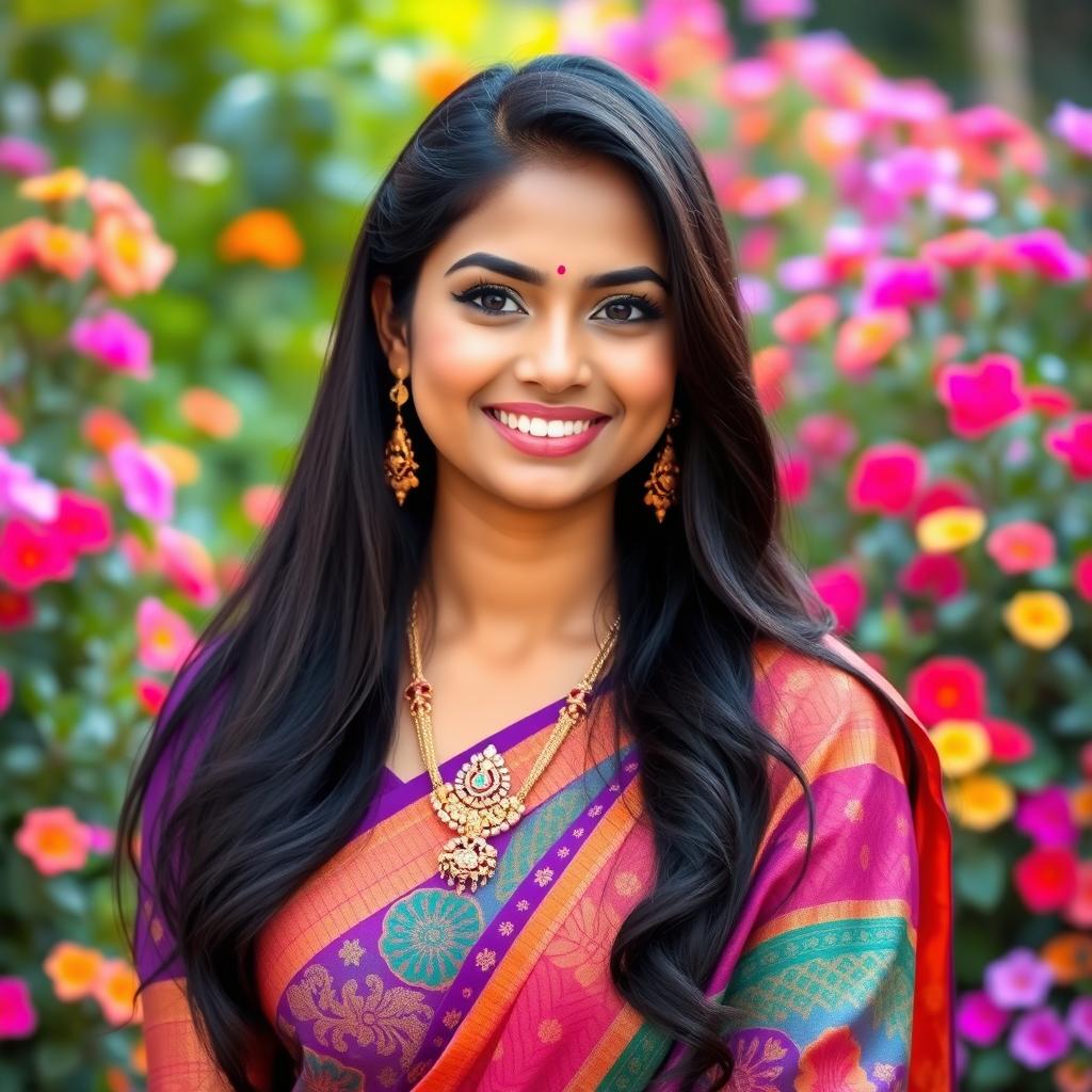 A portrait of a cute Indian woman with long black hair, wearing a vibrant traditional saree