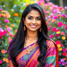 A portrait of a cute Indian woman with long black hair, wearing a vibrant traditional saree