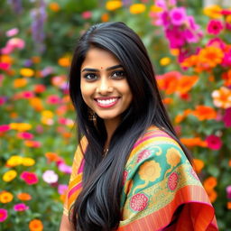 A portrait of a cute Indian woman with long black hair, wearing a vibrant traditional saree