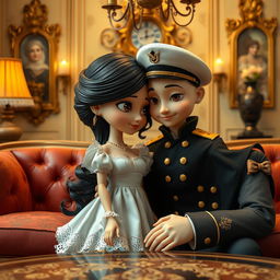 A stunning woman depicted as a cute ceramic doll with black hair and big brown eyes, engaging in a charming encounter with a young man inspired by a marine