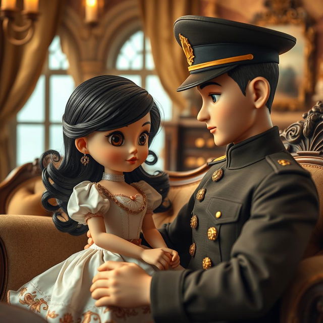 A stunning woman depicted as a cute ceramic doll with black hair and big brown eyes, engaging in a charming encounter with a young man inspired by a marine