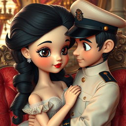 A stunning woman depicted as a cute ceramic doll with black hair and big brown eyes, engaging in a charming encounter with a young man inspired by a marine