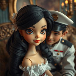 A stunning woman depicted as a cute ceramic doll with black hair and big brown eyes, engaging in a charming encounter with a young man inspired by a marine