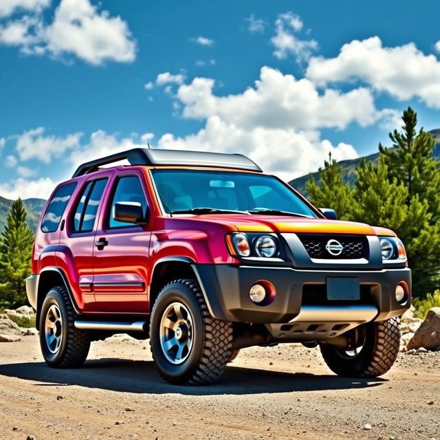 A vibrant image of a 2001 Nissan Xterra, painted in a sporty and dynamic style