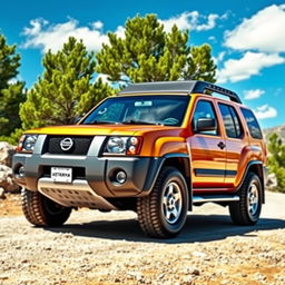 A vibrant image of a 2001 Nissan Xterra, painted in a sporty and dynamic style