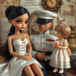 A captivating scene featuring a stunning ceramic doll with black hair and big brown eyes, elegantly dressed in a beautiful white dress