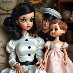 A captivating scene featuring a stunning ceramic doll with black hair and big brown eyes, elegantly dressed in a beautiful white dress