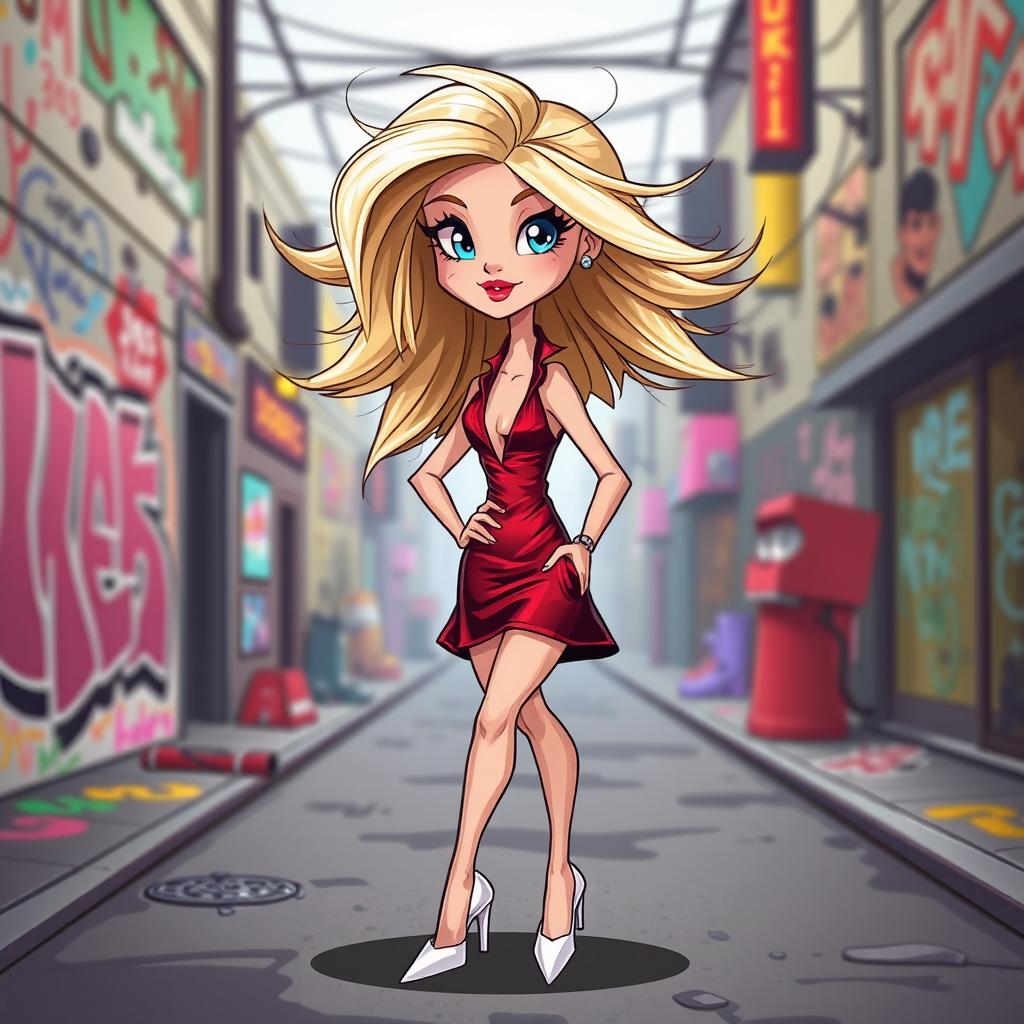 A whimsical cartoon depiction of a beautiful blonde girl in her early 20s, dressed in a striking dark red femme fatale outfit