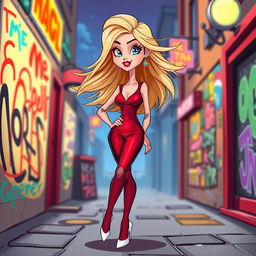 A whimsical cartoon depiction of a beautiful blonde girl in her early 20s, dressed in a striking dark red femme fatale outfit