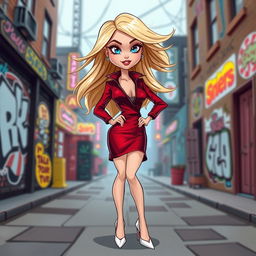 A whimsical cartoon depiction of a beautiful blonde girl in her early 20s, dressed in a striking dark red femme fatale outfit