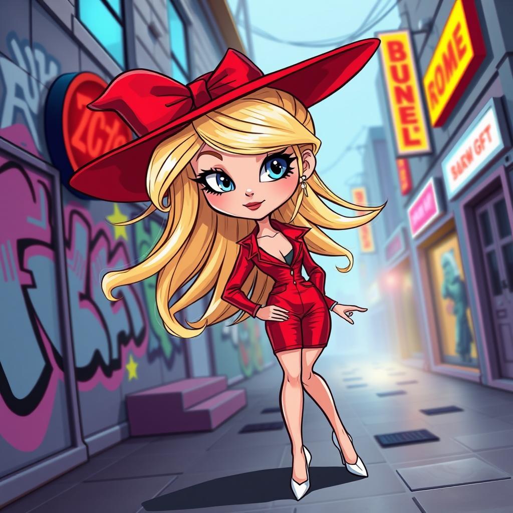 A whimsical cartoon depiction of a beautiful blonde girl in her early 20s, dressed in a striking dark red femme fatale outfit