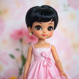 A beautiful plastic doll with short black hair and sparkling brown eyes, elegantly dressed in a delightful pale pink dress