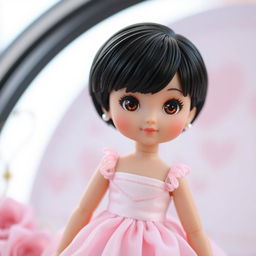 A beautiful plastic doll with short black hair and sparkling brown eyes, elegantly dressed in a delightful pale pink dress