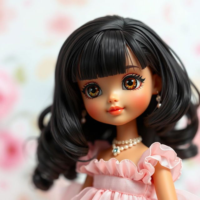 A beautiful plastic doll with short black hair and sparkling brown eyes, elegantly dressed in a delightful pale pink dress