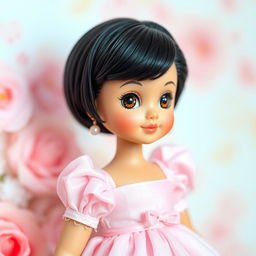 A beautiful plastic doll with short black hair and sparkling brown eyes, elegantly dressed in a delightful pale pink dress