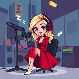 A charming cartoon depiction of a beautiful blonde girl in her early 20s, dressed in a dramatic dark red femme fatale outfit, complete with stylish white heels