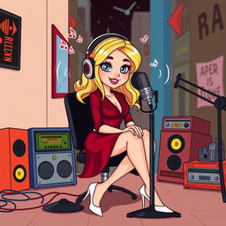 A charming cartoon depiction of a beautiful blonde girl in her early 20s, dressed in a dramatic dark red femme fatale outfit, complete with stylish white heels