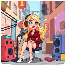 A charming cartoon depiction of a beautiful blonde girl in her early 20s, dressed in a dramatic dark red femme fatale outfit, complete with stylish white heels