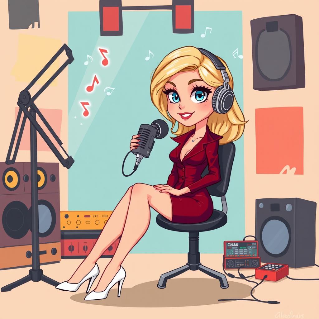 A charming cartoon depiction of a beautiful blonde girl in her early 20s, dressed in a dramatic dark red femme fatale outfit, complete with stylish white heels