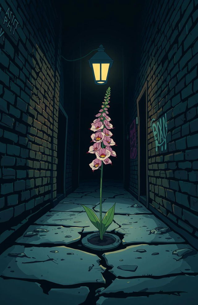 A vivid comic/manga-style illustration of a dark, narrow alleyway