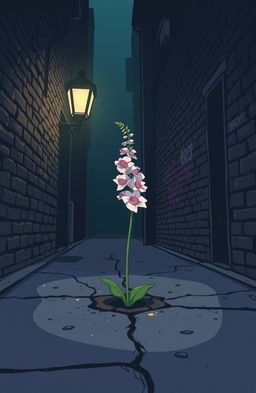 A vivid comic/manga-style illustration of a dark, narrow alleyway