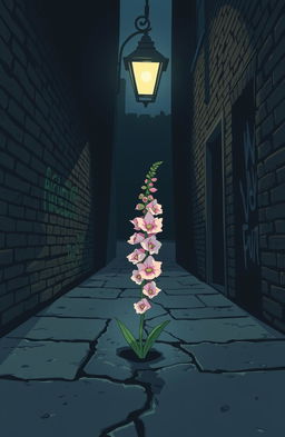 A vivid comic/manga-style illustration of a dark, narrow alleyway