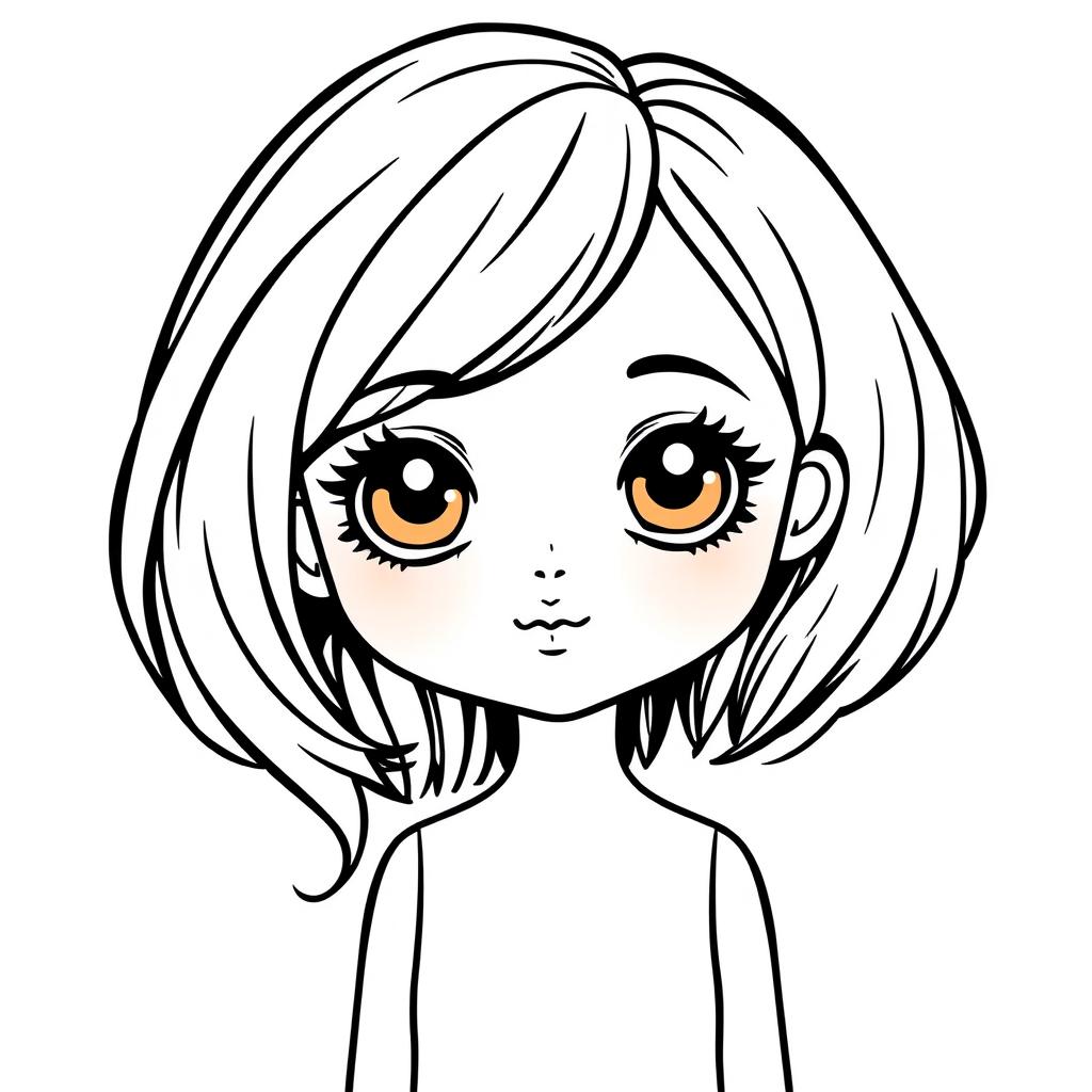 A line drawing of a stunning ceramic doll with black hair and big brown eyes, characterized by a cute and charming expression