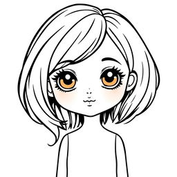 A line drawing of a stunning ceramic doll with black hair and big brown eyes, characterized by a cute and charming expression