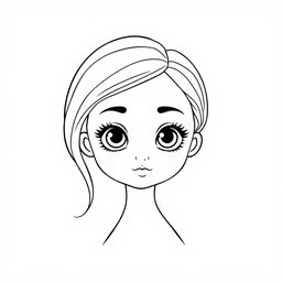 A line drawing of a stunning ceramic doll with black hair and big brown eyes, characterized by a cute and charming expression