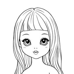 A line drawing of a stunning ceramic doll with black hair and big brown eyes, characterized by a cute and charming expression