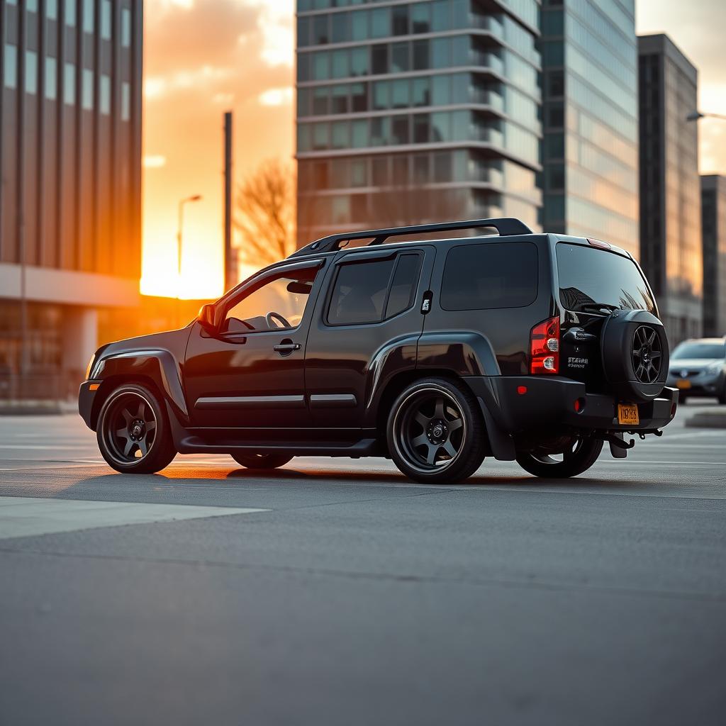 A striking image of a slammed 2001 Nissan Xterra featuring a lowered suspension and an aggressive stance