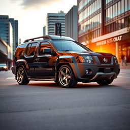 A striking image of a slammed 2001 Nissan Xterra featuring a lowered suspension and an aggressive stance