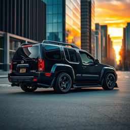 A striking image of a slammed 2001 Nissan Xterra featuring a lowered suspension and an aggressive stance