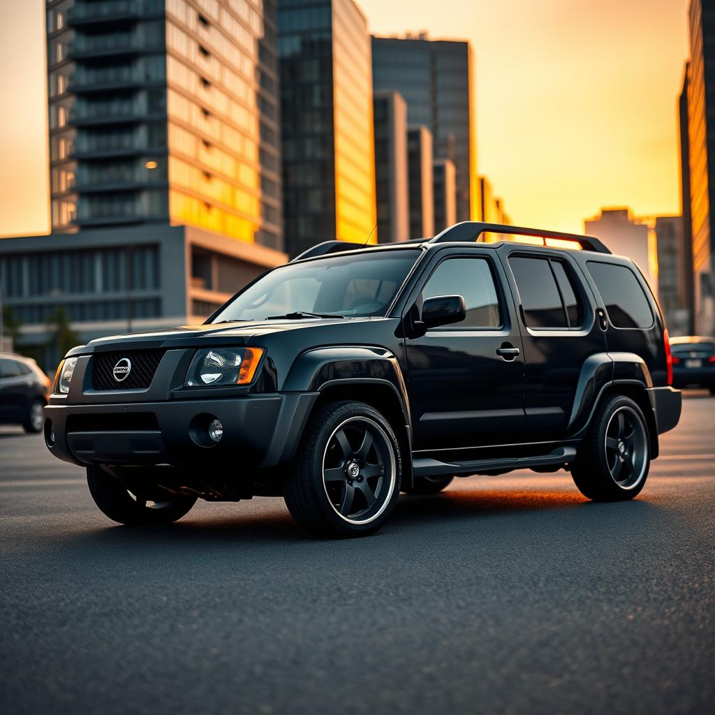 A striking image of a slammed 2001 Nissan Xterra featuring a lowered suspension and an aggressive stance