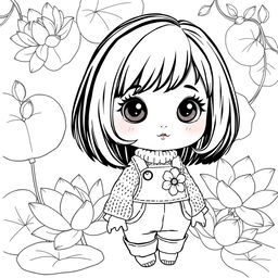 A beautiful line drawing of a stunning ceramic doll featuring black hair and big brown eyes