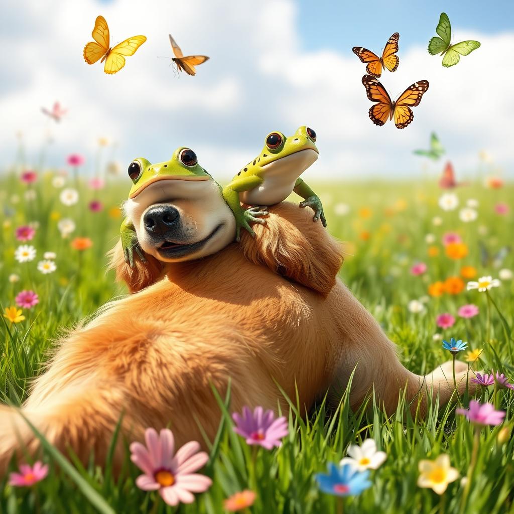 A whimsical scene featuring a cute frog perched playfully on the back of a friendly dog